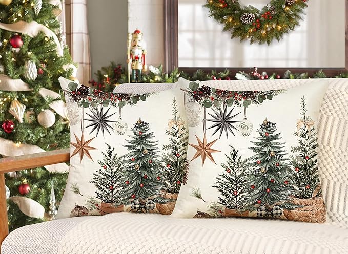 4TH Emotion Christmas Trees Pillow Covers 18x18 Inch Set of 2, Boho Xmas Farmhouse Decorations Winter Holiday Decor Throw Cushion Case for Home Couch S24C38