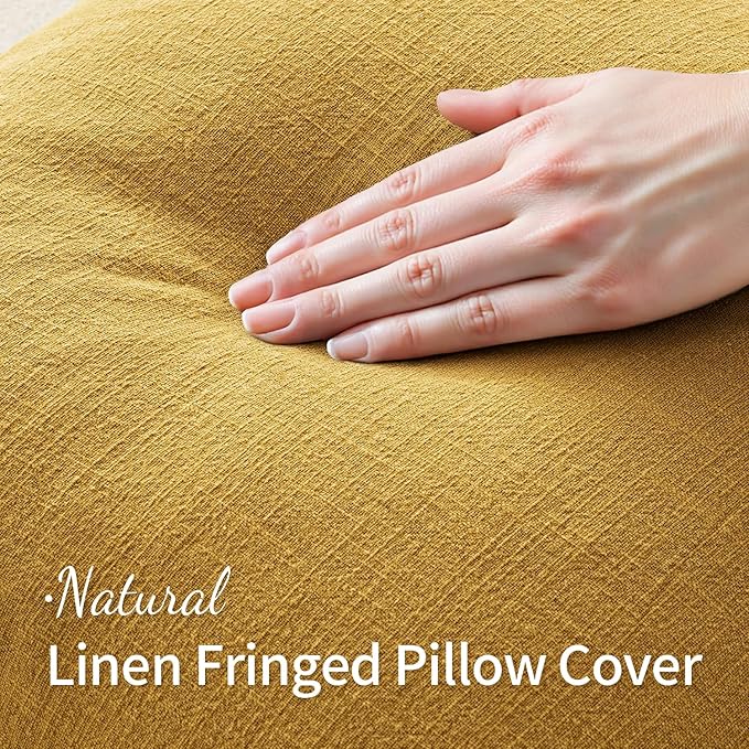 MIULEE Decorative Throw Pillow Covers Neutral Linen Fringe Throw Pillows Euro Shams Set of 2 Mustard Yellow Boho Farmhouse Cushion Covers for Couch Sofa Bed Living Room Spring Home Decor 24x24 Inch