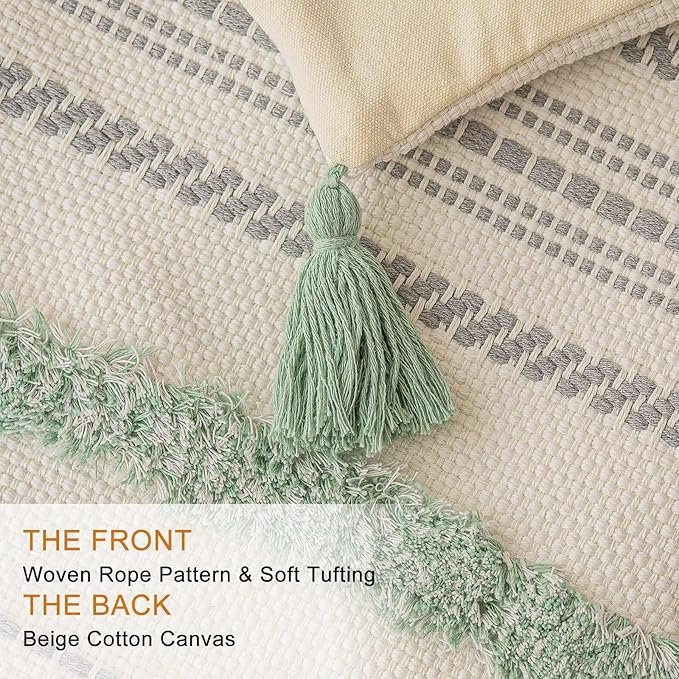 Boho Throw Pillow Covers 12x20 Set of 2 Woven Tufted Farmhouse Pillows Cover with Tassels Textured Striped Cushion Case Lumbar Pillow Cases Decorative Pillowcase for Sofa, Couch, Bed, Light Green