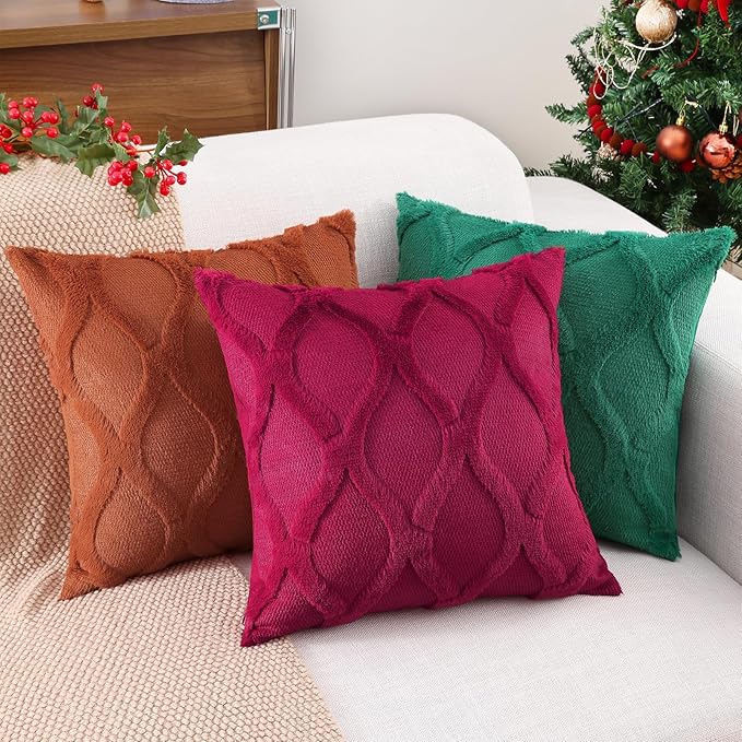 decorUhome Christmas Throw Pillow Covers 16x16 Inch Set of 2, Soft Plush Faux Fur Wool Burgundy Couch Pillow Covers, Decorative Neutral Pillow Cases for Bed Sofa Living Room Home Decor