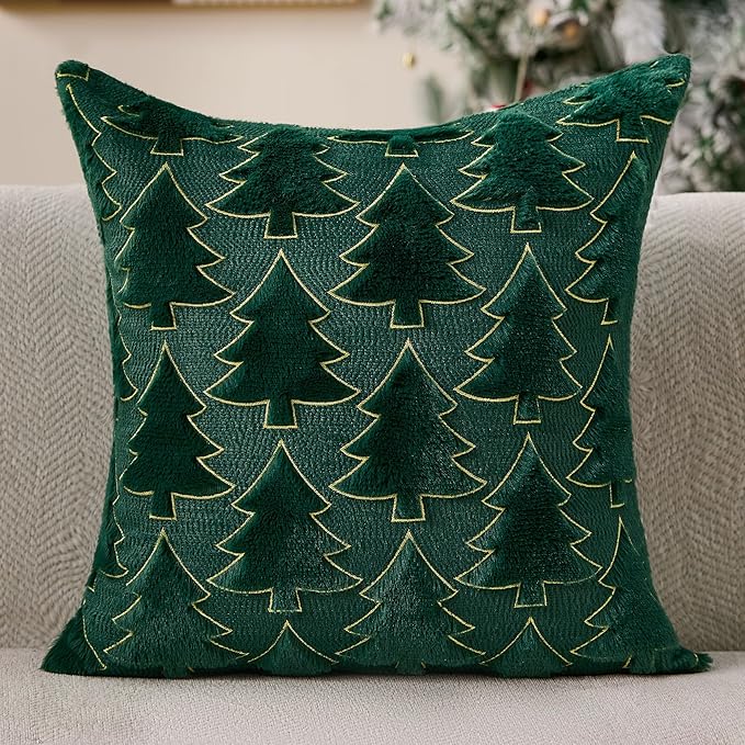 Christmas Pillow Covers 20x20 Set of 2 Green Christmas Tree Decorations Pillow Covers Soft Plush Faux Fur Pillow Cases Decor for Xmas Winter Holiday Home Bedroom Sofa Cushion Cases PT-017A20