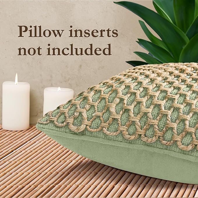 Boho Living Jada 2 Pc Decorative Throw Pillow Covers, Pillow Insert not Included, Premium Woven Design, Living Room Décor, (2) 20" x 20", Sage Green