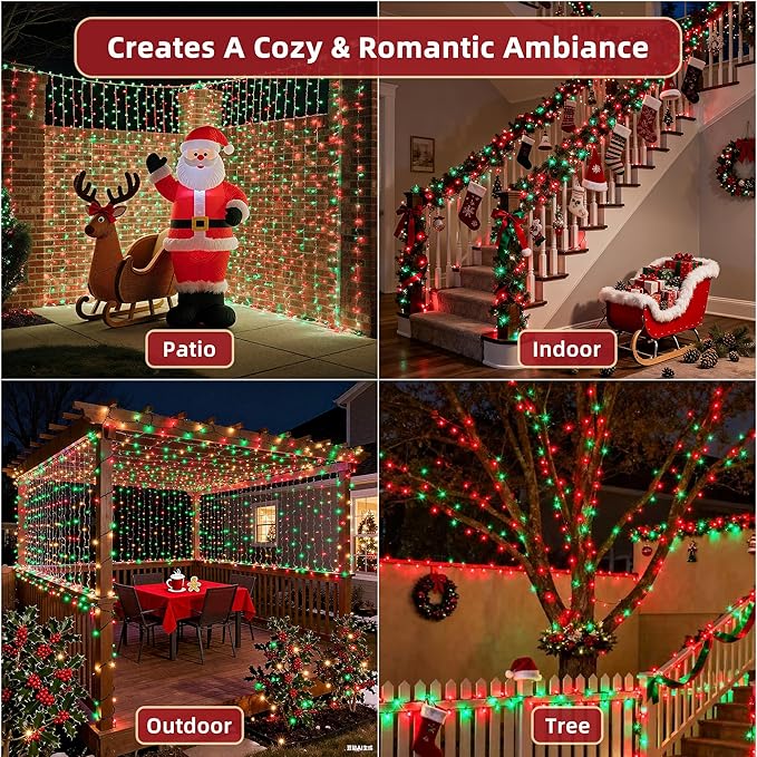 300 LED Outdoor Christmas Lights 75ft, 12 Lighting Modes Indoor String Lights Dimmable & Timer Memory, Outsite Waterproof Tree Lights for Xmas Garden Wedding Party Holiday Decorations Red & Green