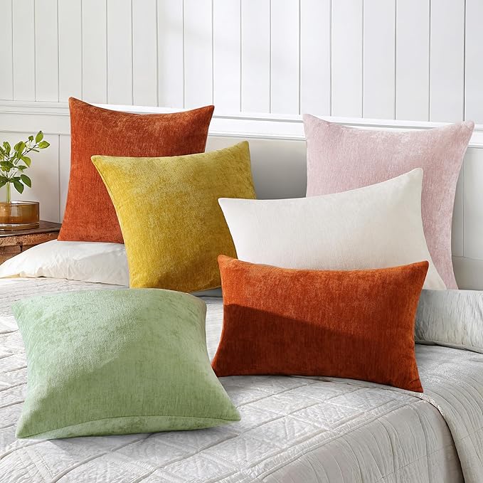 decorUhome Chenille Blush Pink Throw Pillow Covers 12x20 Inch Set of 2, Decorative Soft Couch Pillow Covers Solid Dyed Accent Velvet Farmhouse Neutral Rectangle Pillow Cases for Sofa Living Room