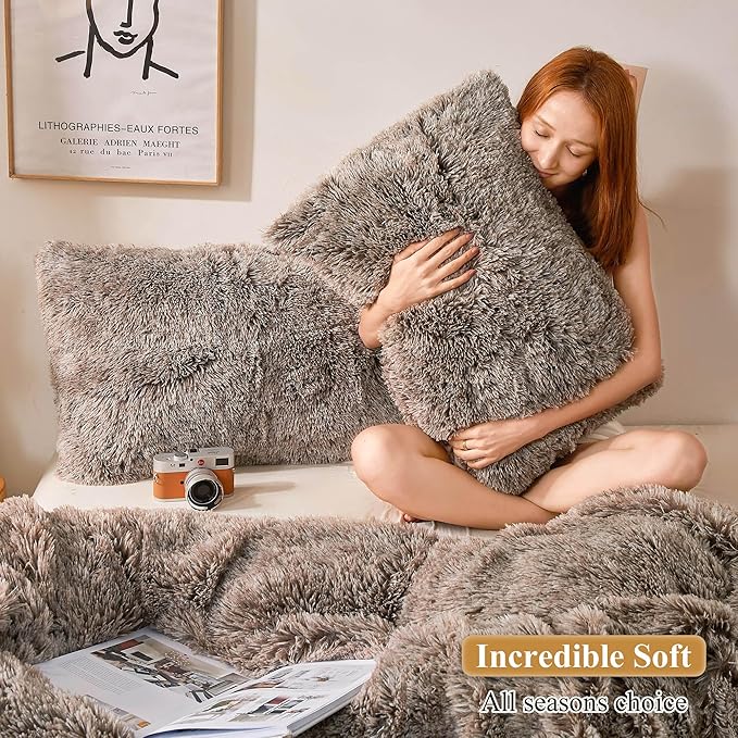XeGe Fluffy Faux Fur Pillow Cases, Ultra Soft Plush Shaggy Fuzzy Pillowcases, Furry Crystal Velvet Decorative Pillow Shams with Zipper Closure, Set of 2 (King, Khaki Ombre)