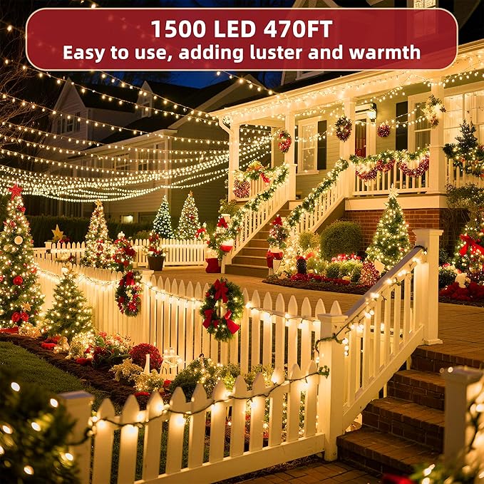470ft Outdoor Christmas Lights, 1500 LED Super Long String Lights 12 Modes & Timer Memory, Dimmable Outsite Waterproof Light Strings for Xmas Tree Garden Wedding Party Holiday Decorations Warm White