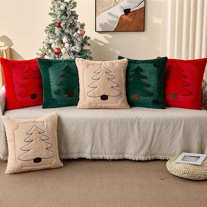 DFXSZ Christmas Pillow Covers 20x20 Red Big Christmas Tree Decoration Soft Plush Faux Fur Jacquard Throw Pillows for Bedroom Sofa Holiday Festivals Winter Home Decor PTK068B20