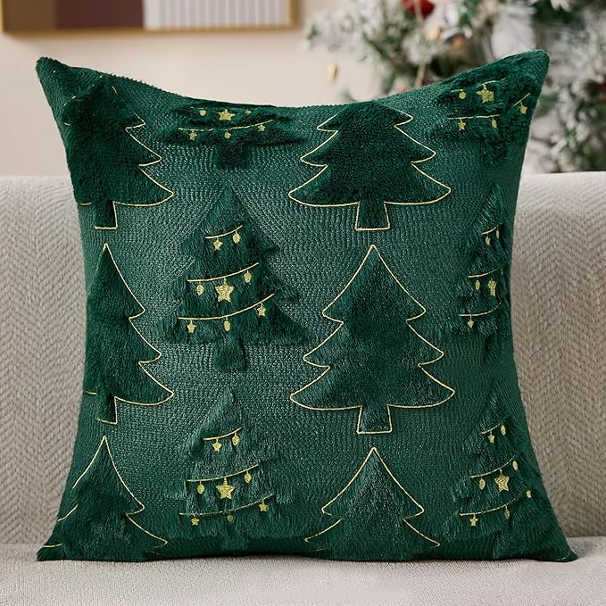 Christmas Pillow Covers 20x20 inch Set of 2 Soft Plush Faux Fur Christmas Decor Green Xmax Tree Yellow Colored Lights Decoration Throw Pillow Case for Winter Holiday Sofa Living Room PT013A20