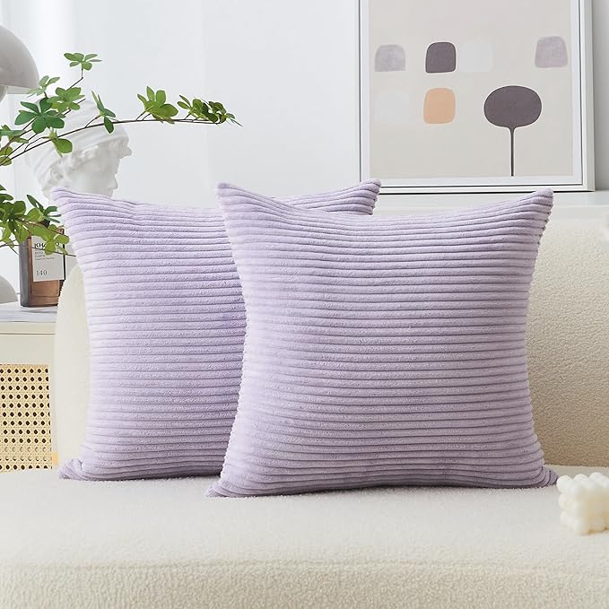 Home Brilliant Purple Throw Pillow Covers 24x24 Set of 2 Decorative Pillow Covers for Couch Striped Velvet Corduroy Accent Pillow Cover for Couch Chair, 24 x 24 Inch, Lavender