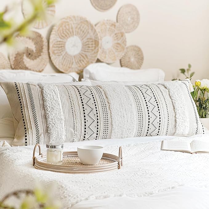 BlissBlush Large Body Pillow Cover for Bed 20x54 Boho Accent Oversized Long Pillowcase for Bedroom Black Neutral White Decorative Cushion Farmhouse Home Décor (Cover ONLY, Pack of 1)