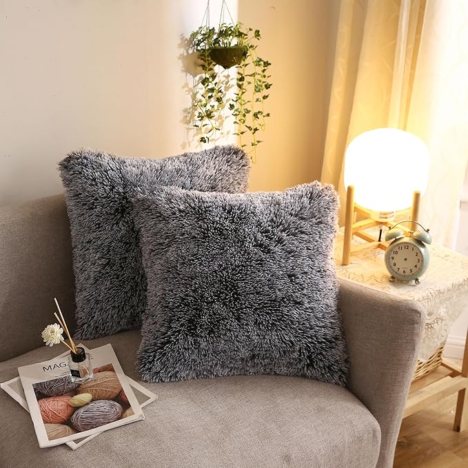 XeGe Cozy Faux Fur Throw Pillow Covers, Zippered Fluffy Cushion Covers, Shaggy Fuzzy Decorative Pillow Covers, Plush Furry Pillowcases Pack of 2 for Sofa Couch Home Decor (18''x18'', Black Ombre)