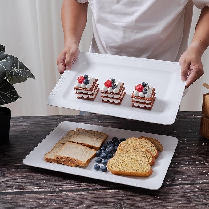 Beaded Serving Platters for Appetizer, Veggie, Charcuterie,Dessert, Set of 4, White Serving Trays for Party & Entertaining, Large Unbreakable Rectangular Party Platters,Serving Dishes
