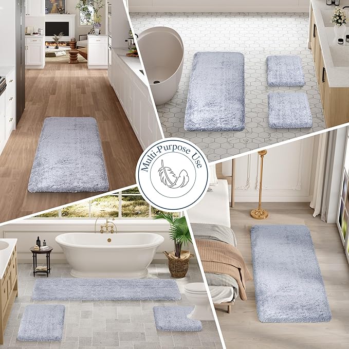 Walensee Contour Rug (20x24, Growing Blue) Non Slip Bath Mat for Bathroom Water Absorbent Soft Microfiber Shaggy Mat Machine Washable U Shape Toilet Rug