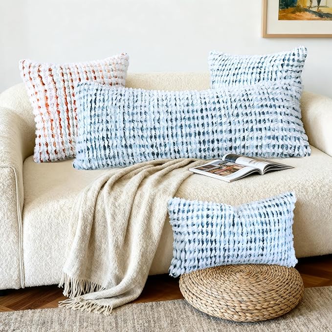 Boho Chenille Tufted Pillow Cover 14x36 Inch Set of 1, Farmhouse Striped Decorative Pillow Covers Accent Fluffy Neutral Long Body Bolster Pillow for Couch Sofa Bedroom Living Room, Blue White
