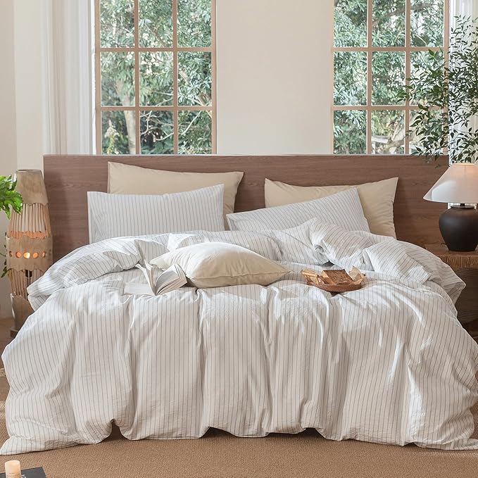 MooMee Striped Duvet Cover Set 100% Washed Cotton Linen Like Textured Breathable Durable Soft Comfy (White Cornflower Blue Wide Stripes, Full 80"x90")