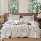 MooMee Striped Duvet Cover Set 100% Washed Cotton Linen Like Textured Breathable Durable Soft Comfy (White Cornflower Blue Wide Stripes, Queen 90"x90")