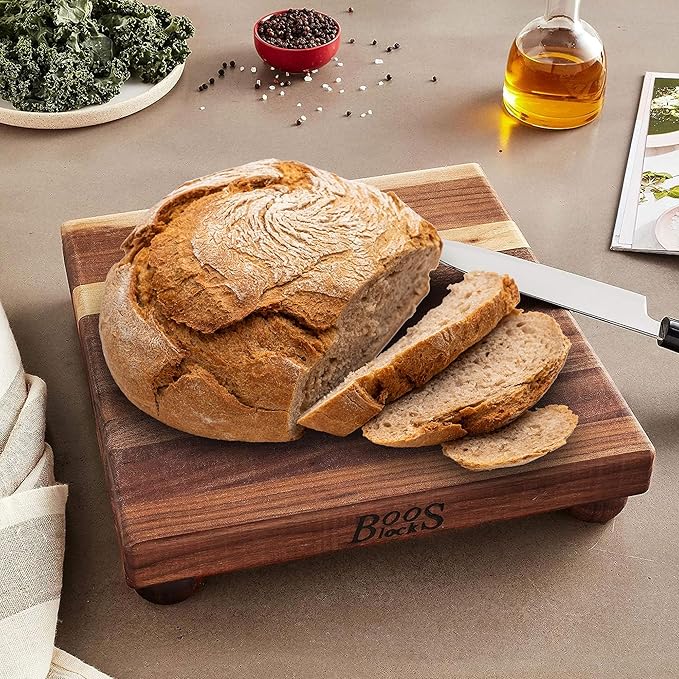 John Boos B Series Square Wooden Walnut Cutting Board 12”x12” – 1.5” Thick, 5-lb Non-Reversible Butcher Block with Wood Bun Feet & Edge-Grain