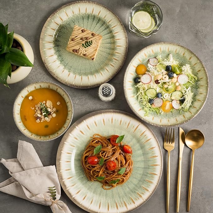 MissYip Melamine Dinnerware Set, 16 Piece for 4, Unbreakable Kitchen Plastic Plates and Bowls set, Indoor and Outdoor Use Tableware, BPA Free, Dishwasher Safe, Not Microwave, Not Oven(Green)