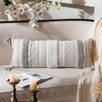 BlissBlush Gray Decorative Lumbar Throw Pillow Cover 14x36 Boho Long Cushion for Bed Neutral White Accent Farmhouse Pillowcase for Bedroom Living Room Couch Sofa Home Décor (Cover ONLY, Pack of 1)