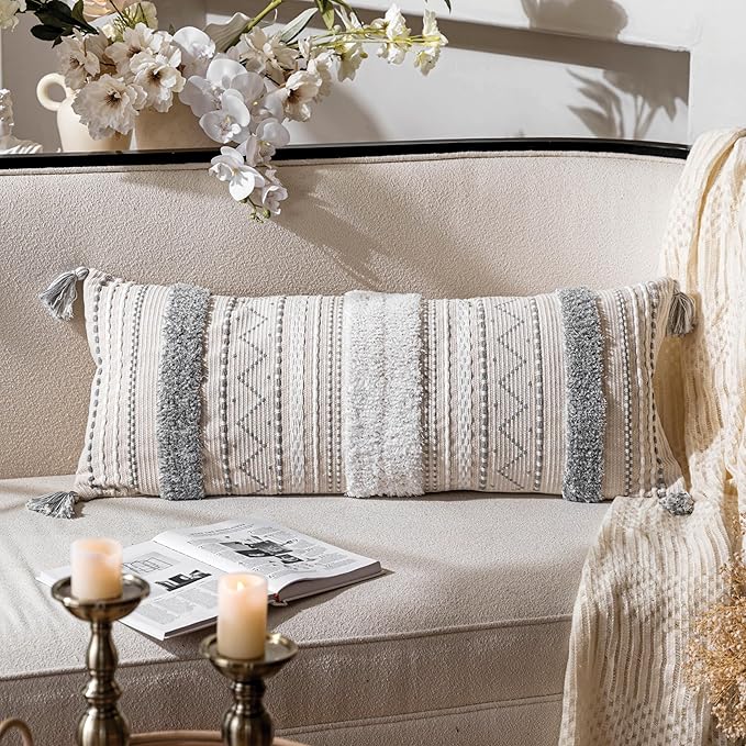 BlissBlush Gray Decorative Lumbar Throw Pillow Cover 14x36 Boho Long Cushion for Bed Neutral White Accent Farmhouse Pillowcase for Bedroom Living Room Couch Sofa Home Décor (Cover ONLY, Pack of 1)