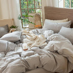 MooMee Wavy Striped Duvet Cover Set 100% Washed Cotton Linen Like Textured Breathable Durable Soft Comfy (Light Grey, Super Queen 90"x98")