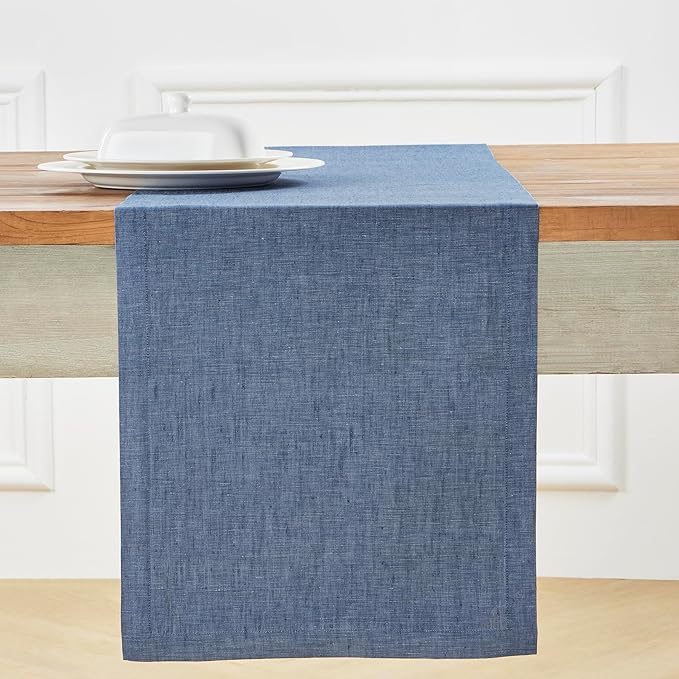 Solino Home Linen Table Runner 36 Inches - 100% Pure Linen Blue Denim Table Runner 14 x 36 Inch Ideal for Dresser and Coffee Tables - Athena