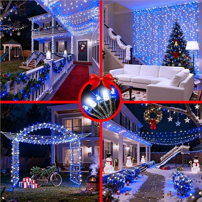 750 LED 240FT Christmas String Lights Outdoor, 12 Pro Modes and Timer Memory & Brightness, Plug in Waterproof Dark Green Wire Twinkle Light for for Xmas Yard Tree Wedding Party Decor (Blue & White)