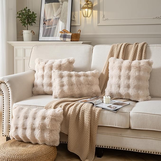 Pack of 2 Thick Plush Throw Pillow Covers Fluffy Wave Faux Fur Decorative Cushion Covers Soft Wool Pillowcase for Sofa Couch Livingroom 24x24 Inch Beige