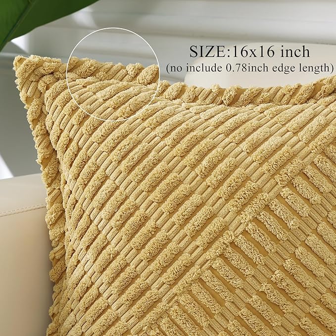 decorUhome Decorative Mustard Yellow Fall Throw Pillow Covers 16x16 Set of 2 with Splicing, Boho Soft Neutral Corduroy Broadside Twill Pillow Covers for Couch Bed Sofa Living Room
