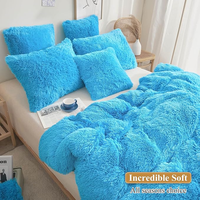 XeGe Faux Fur Throw Pillow Covers, Luxury Fluffy Plush Blue Pillow Shams, Shaggy Furry Decorative Pillow Fuzzy Cushion Cover for Sofa Bed Couch, Zipper Closure, Pack of 2(18''x18'', Blue)