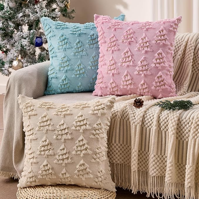Christmas Pillow Covers 18x18 inch Set of 2 Soft Plush Faux Fur Christmas Decor Pink Xmax Tree Yellow Colored Lights Decoration Throw Pillow Case for Winter Holiday Sofa Living Room PT003E18