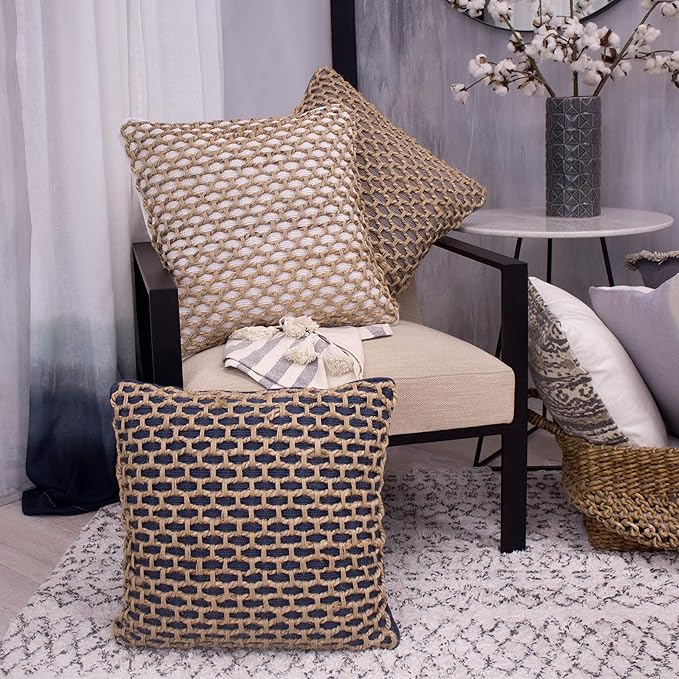 Boho Living Jada Decorative Throw, Includes Accent, Premium Woven Design, Living Room Décor, (1) 20" x 20" Pillow Cover with Insert, Grey