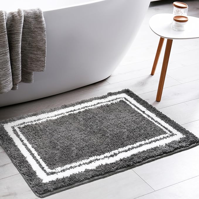 Tititex Luxury Dark Grey Frame Line Bathroom Rug, 16x24 inch Extra Soft and Absorbent Microfiber Bath Rugs, Non-Slip Plush Shaggy Bath Carpet, Bath Mats for Bathroom Floor, Tub and Shower