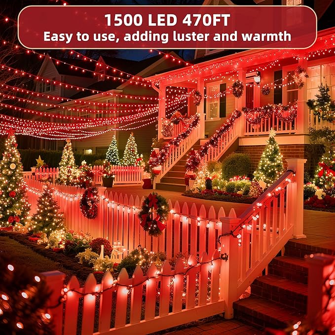 1500 LED Christmas Lights Outdoor, 470ft 12 Pro Modes Dark Green Wire StringLights,Dimmable TwinkleLights with Timer Function for Tree Outside Holiday Garden Patio Backyard Gift Red