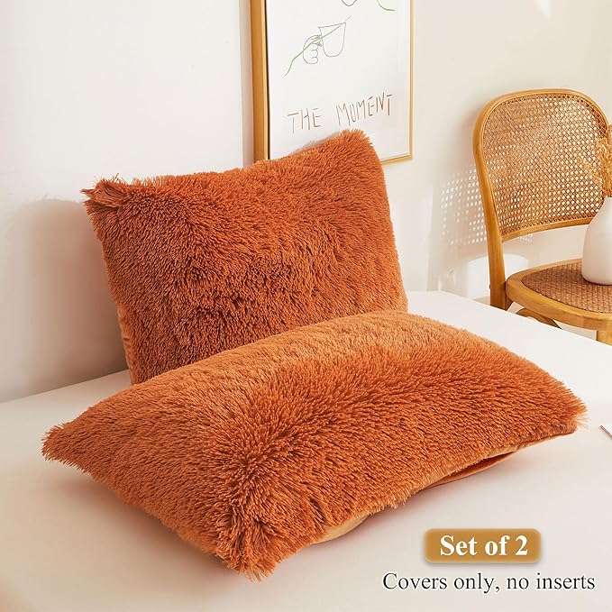 XeGe Faux Fur Fluffy Pillow Cases, Plush Shaggy Pillow Shams, Ultra Soft Furry Pillow Covers, Velvet Fuzzy Decorative Pillowcases for Bed Couch Sofa Zipper Closure, Set of 2 (Standard, Burnt Orange)