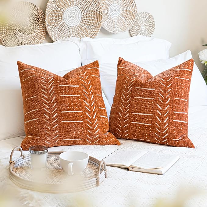 BlissBlush Fall Brick Red Decorative Throw Pillow Covers 20X20, Set of 2, Boho Farmhouse Cushion Cover, Cozy Soft Accent Pillowcase for Couch Sofa Bed Living Room Home Décor