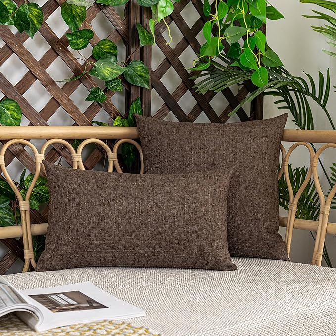 Kevin Textile Pack of 2 Decorative Outdoor Waterproof Throw Pillow Covers Checkered Pillowcases Classic Cushion Cases for Patio Couch Bench 16 x 16 Inch Brown