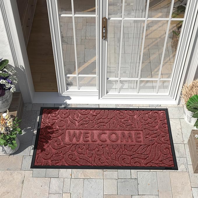 Yimobra Large Welcome Mat 47x24, Waterproof Non-Slip Outdoor Mats for Front Door Outside Entrance, Low-Profile Entryway Mat Indoor for Garage Patio, Wine Red
