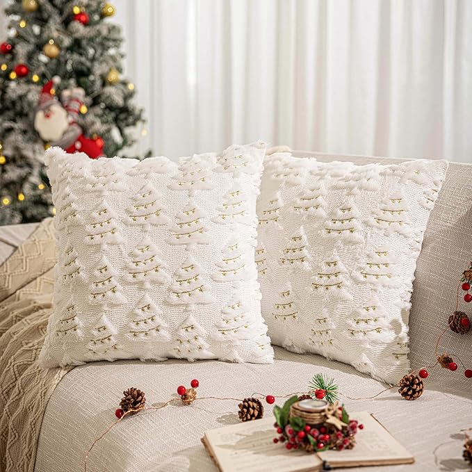 AQOTHES Christmas Tree Decorative White Throw Pillow Covers 20x20 Set of 2, Faux Fur Farmhouse Throw Pillows Cushion Cases for Xmas Winter Holiday Home Decor