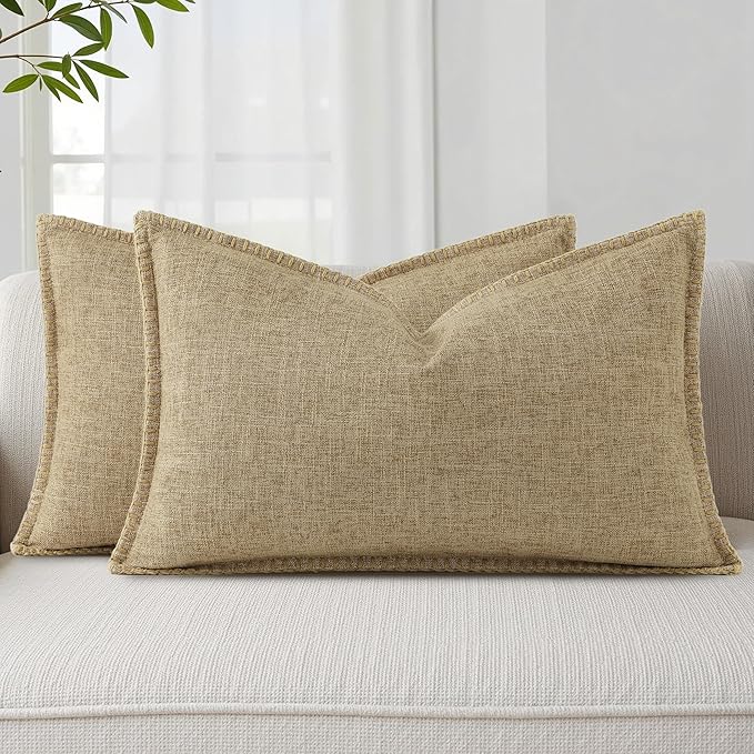 decorUhome Decorative Outdoor Throw Pillow Covers 12x20 Set of 2, Lumbar Linen Farmhouse Euro Pillow Covers with Stitched Edge, Rustic Neutral Pillow Covers for Couch, Sofa, Living Room, Khaki
