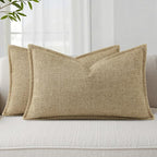 decorUhome Decorative Outdoor Throw Pillow Covers 12x20 Set of 2, Lumbar Linen Farmhouse Euro Pillow Covers with Stitched Edge, Rustic Neutral Pillow Covers for Couch, Sofa, Living Room, Khaki