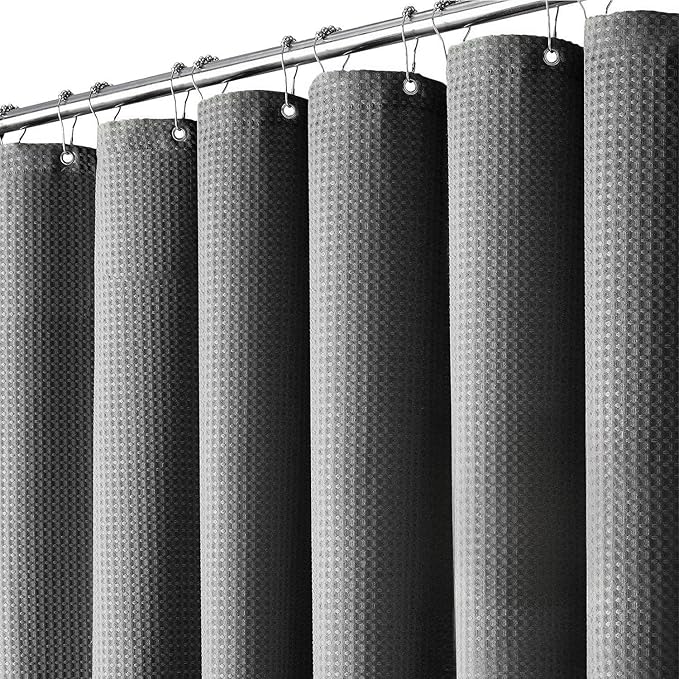Inhousolu Fabric Shower Curtain Waffle Weave, Graphite Grey 230 GSM Heavy Duty, Weighted Hem, 14 Metal Hooks, Water Repellent, Machine Washable, Hotel Spa Luxury Bath Curtain Set, 72 x 72 Inch