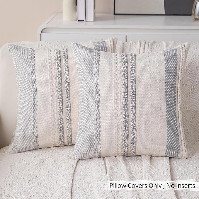 Decorative Boho Grey Pillow Covers Set of 2-20x20 Inch Farmhouse Accent Striped Boho Throw Pillows Neutral Coastal Textured Square Pillowcases for Couch Living Room Bed Sofa, Home Decor