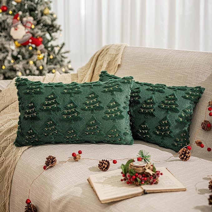 AQOTHES Christmas Tree Decorative Green Throw Pillow Covers 12x20 Set of 2, Faux Fur Farmhouse Throw Pillows Cushion Cases for Xmas Winter Holiday Home Decor
