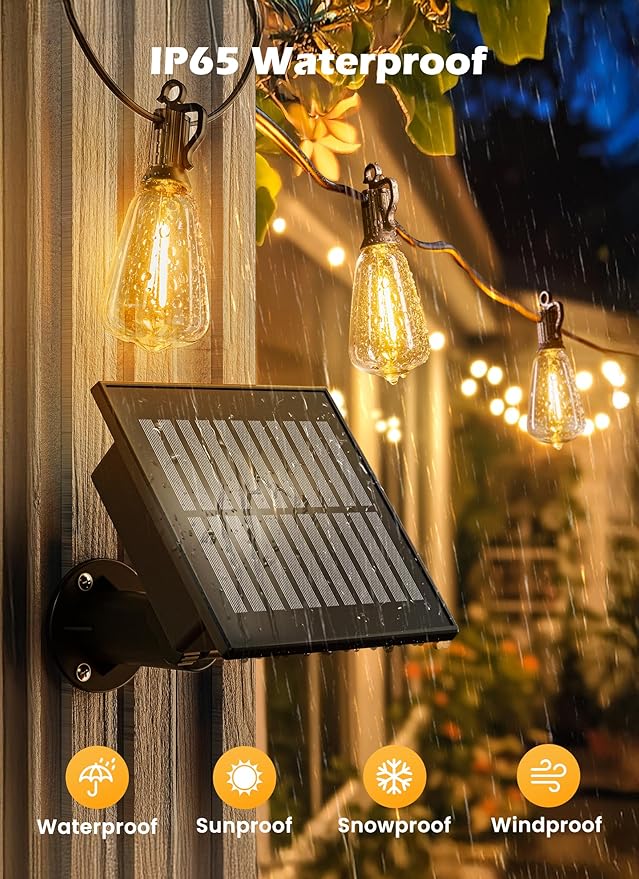 Brightown Outdoor Solar String Lights Waterproof 58FT with 25 Shatterproof ST38 LED Bulbs, 2700K Solar Lights Outdoor with Remote, Solar String Lights for Outside, Camping, Yard, Party Decor