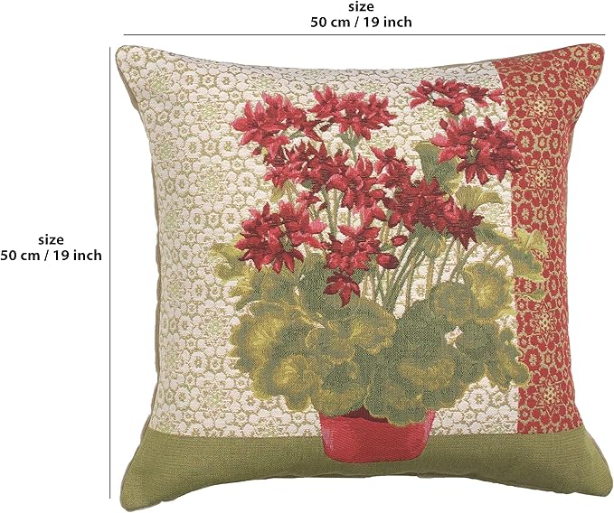 Charlotte Home Furnishings Floral Decorative Throw Pillow Cover 19x19 in, Geranium Red French Country Couch Pillow Case, Home Decor Cozy Tapestry Cushion Cover, European Cotton Jacquard Woven