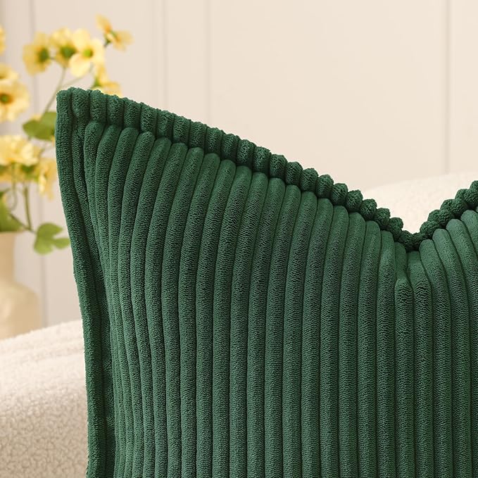 Mecatny Christmas Corduroy Throw Pillow Covers 22x22 Set of 2, Neutral Decorative Soft Boho Couch Pillow Covers with Broadside for Sofa Living Room, Christmas Green