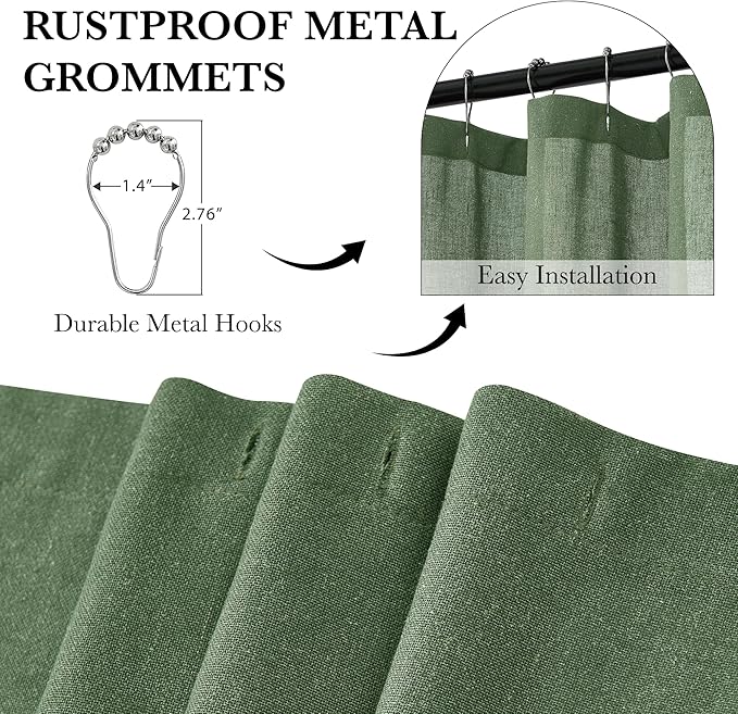 KGORGE Linen Fabric Shower Curtain Set-Semi Sheer Lightweight Waterproof Thick Cloth Neutral Washable Shower Curtains for Bathroom Bathtub Decor, Forest Green, W72 x L84, 12 Hooks Included, 1 Panel