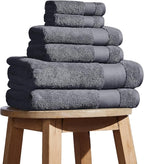 BIOWEAVES 100% Organic Cotton 700 GSM Plush 6-Piece Towel Set GOTS Certified, 2 Bath Towels, 2 Hand Towels & 2 Washcloths - Charcoal