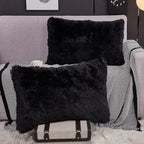 WERDIM Shaggy Fluffy Faux Fur Pillowcases 2 Pack Button Closure Velvet Pillow Shams King Size (Black, 20 X 36 Inches)